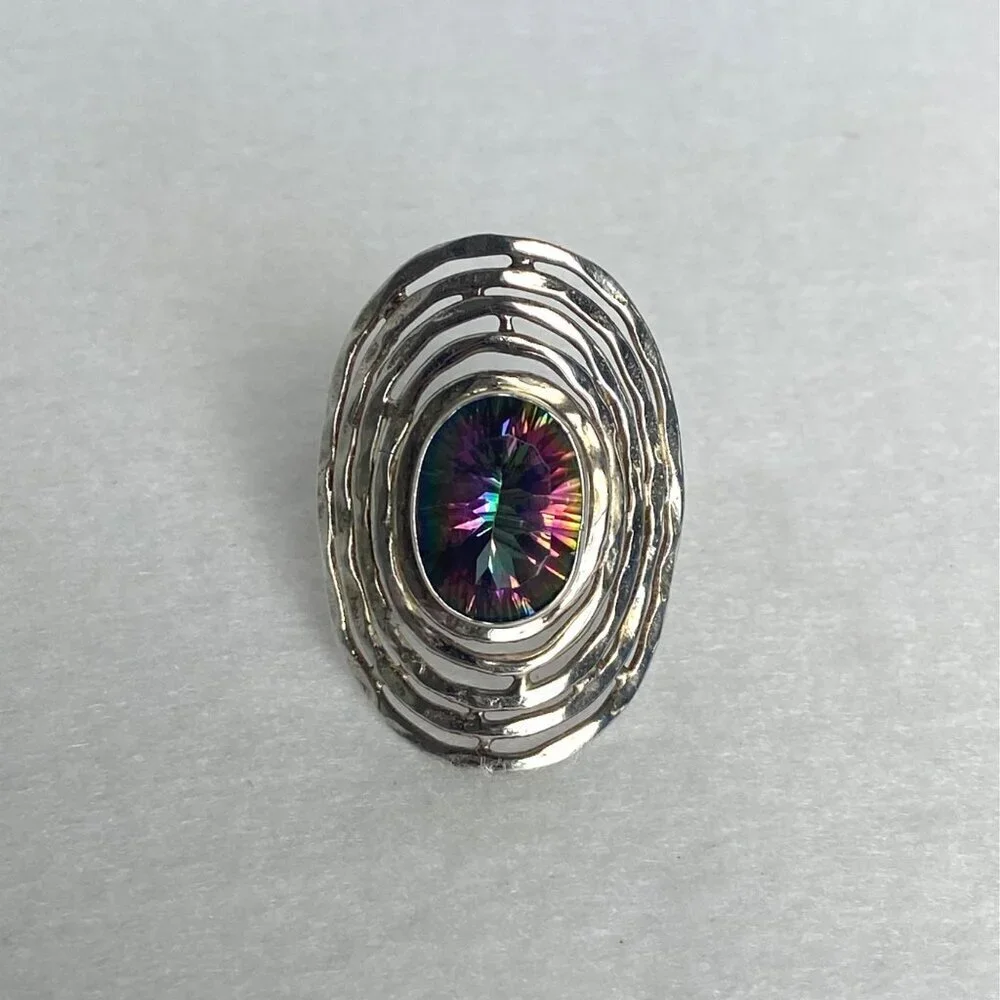 Sterling Silver 925 India Large Bezel Set Oval Mystic Quartz Statement Ring 5.5